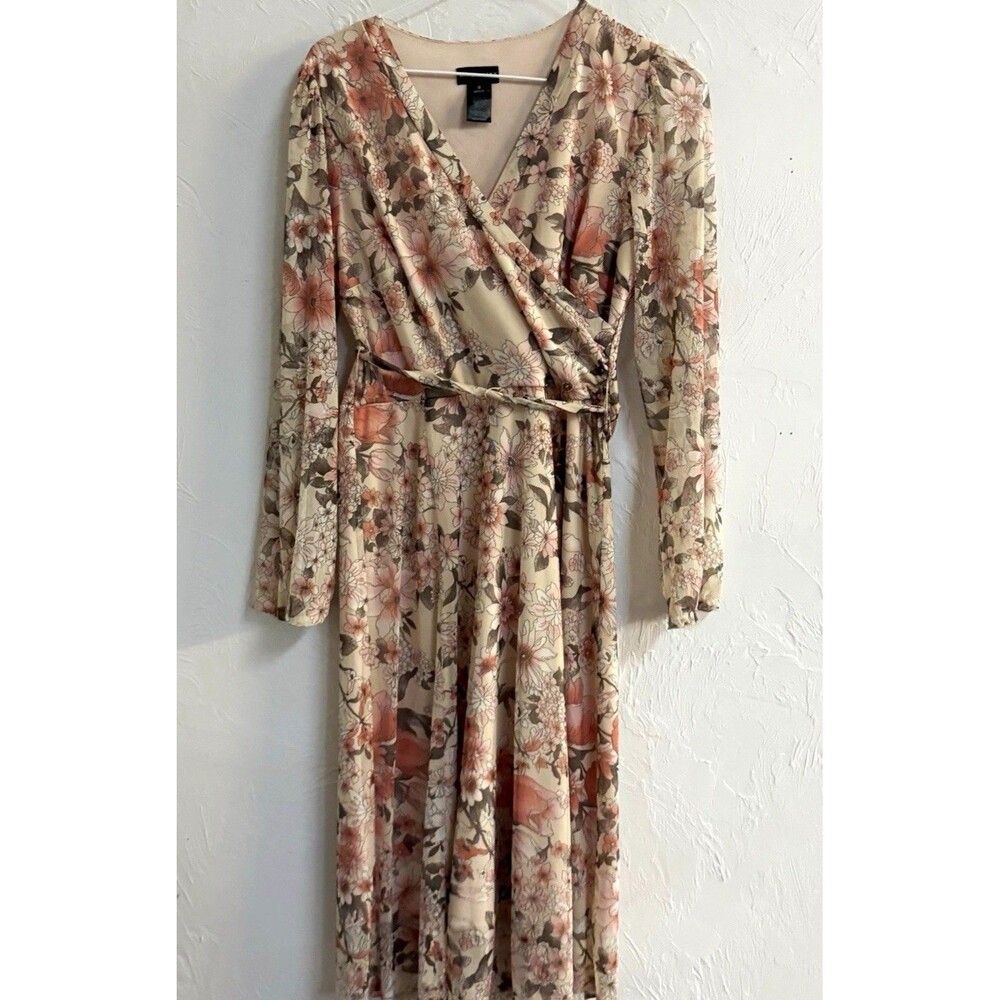 Kate and Lily Beige Pink Gray Floral V-Neck Wrap Mesh Long Sleeve Dress 8